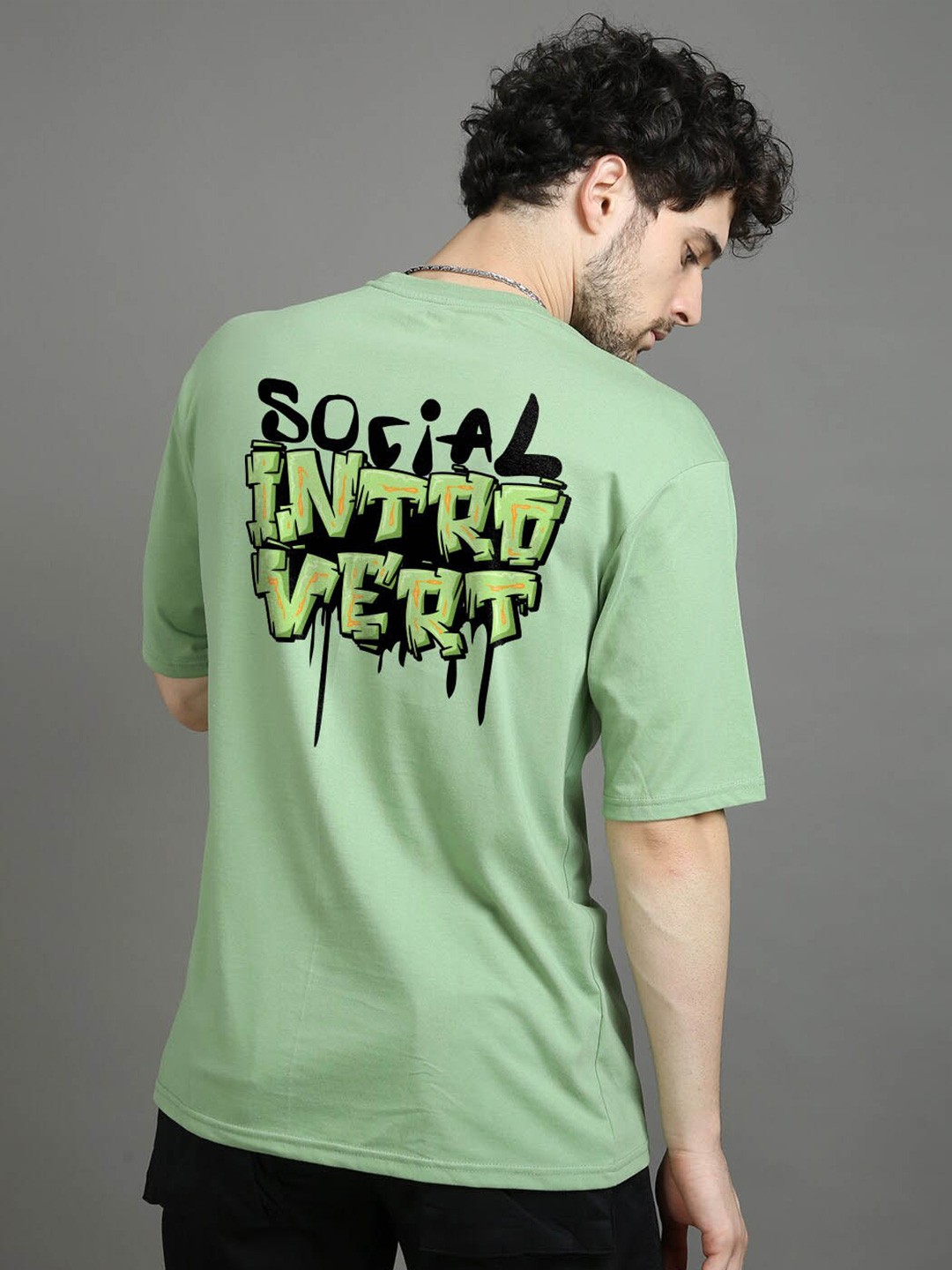 

Bushirt Typography Printed Drop Shoulder Sleeves Pure Cotton Oversized T-shirt, Green