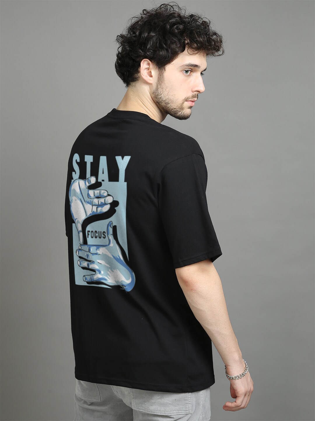 

Bushirt Graphic Printed Drop Shoulder Sleeves Pure Cotton Oversized T-shirt, Black