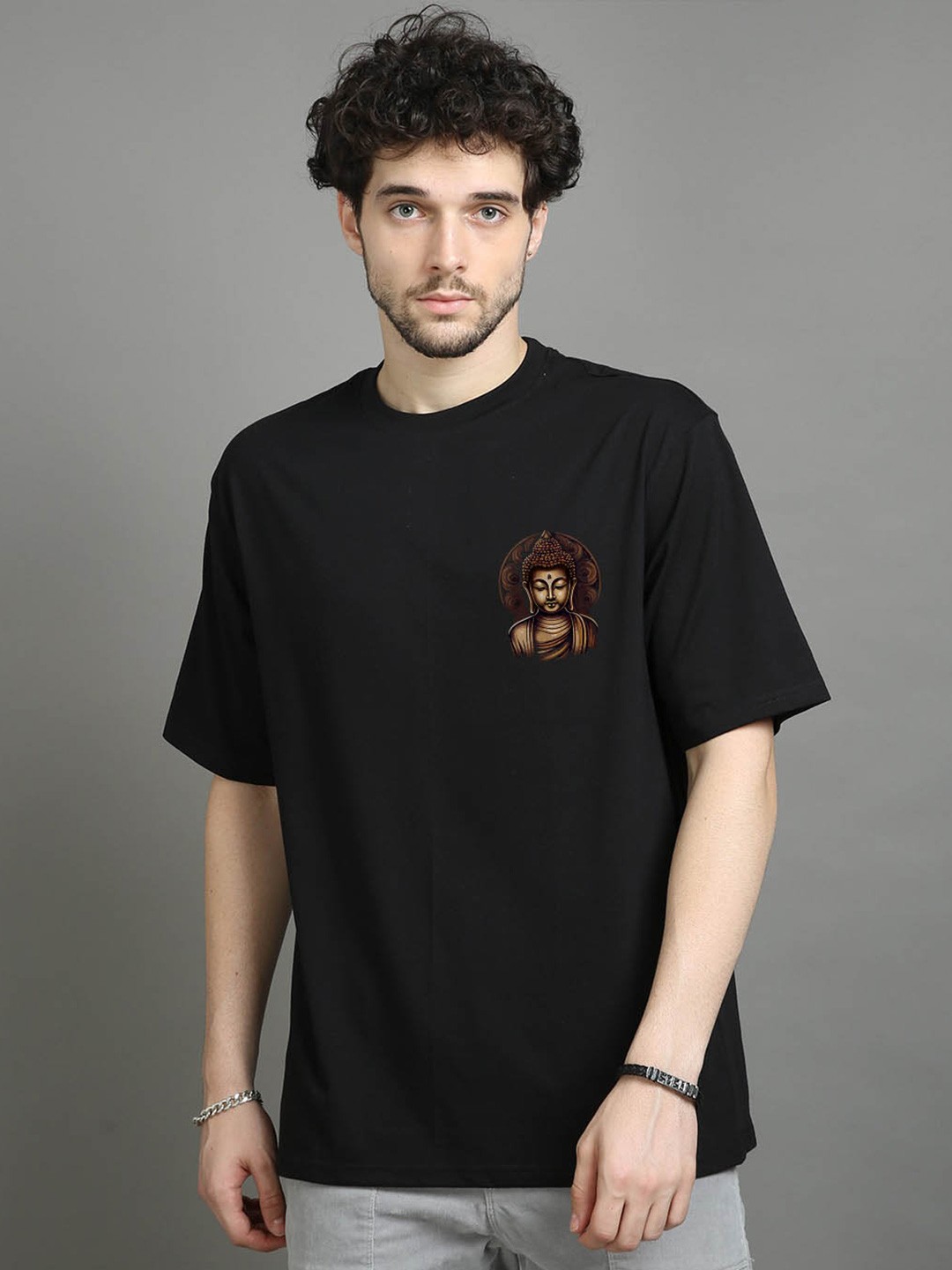 

Bushirt Typography Printed Drop Shoulder Sleeves Pure Cotton Oversized T-shirt, Black