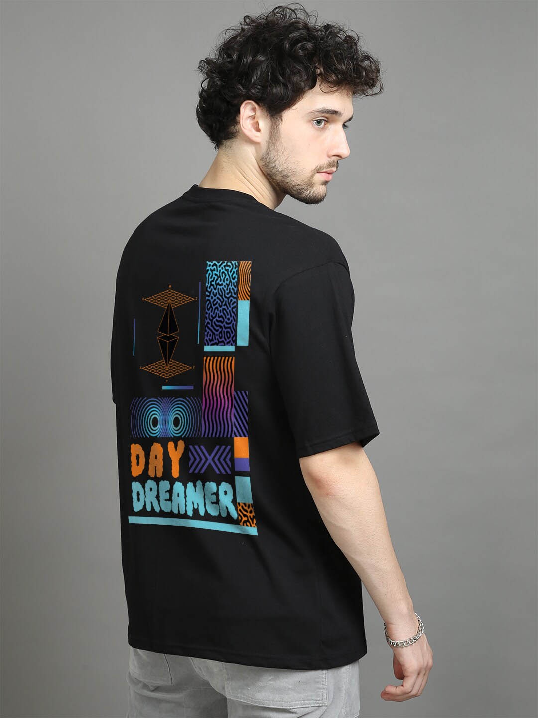 Bushirt Typography Printed Drop Shoulder Sleeves Pure Cotton Oversized T-shirt, Black