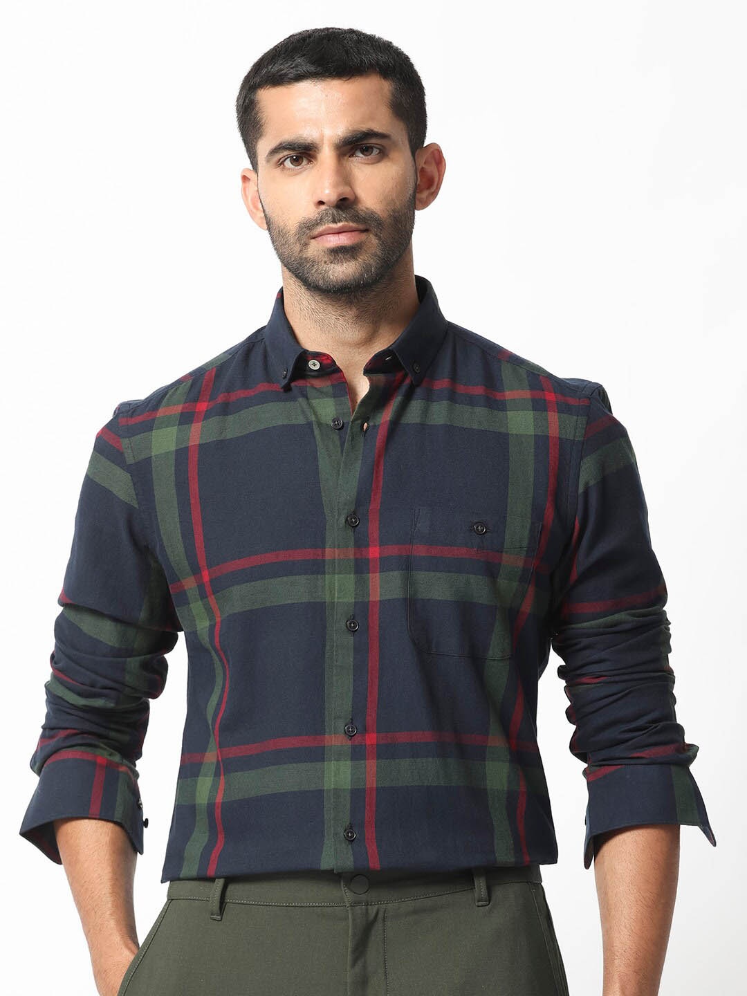 

RARE RABBIT Men Wink Slim Fit Checked Cotton Shirt, Navy blue