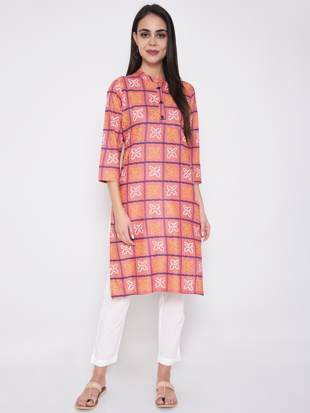 

Wodreams Floral Printed Cotton Mandarin Collar Kurta, Pink