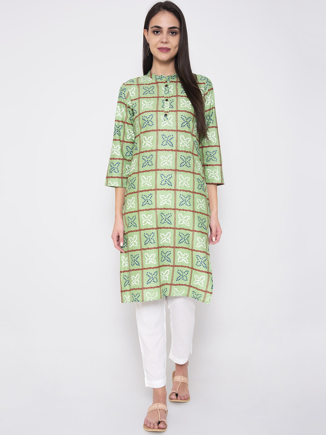 

Wodreams Floral Printed Cotton Mandarin Collar Kurta, Green