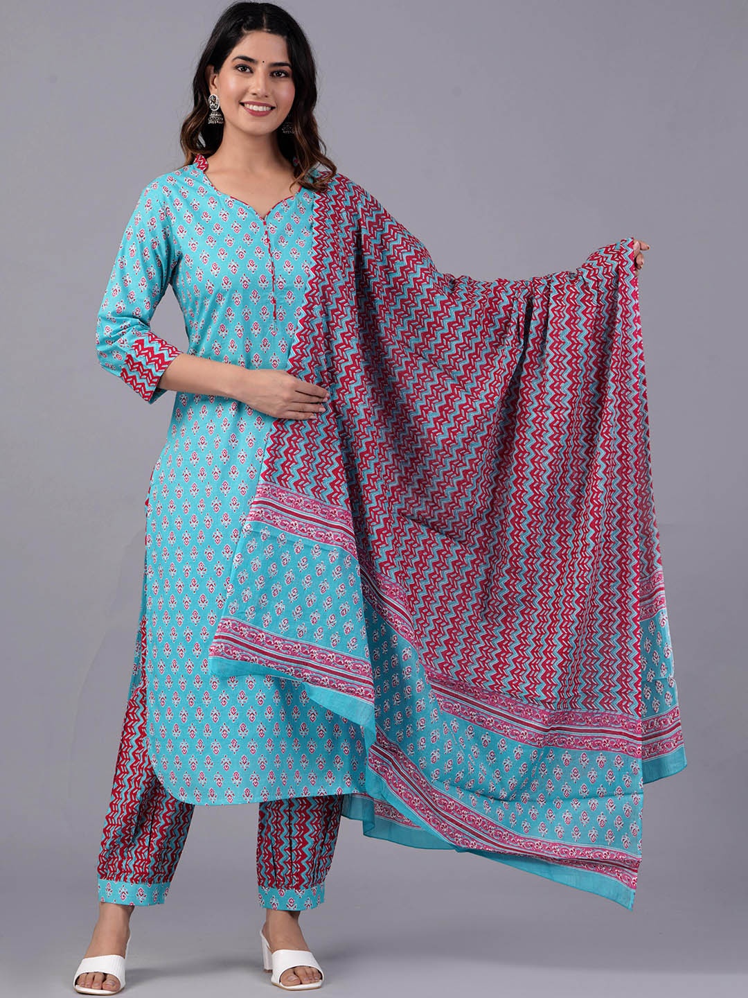 

JAIPURI COLLECTION Ethnic Motifs Printed Pure Cotton Kurta with Salwar & Dupatta, Blue