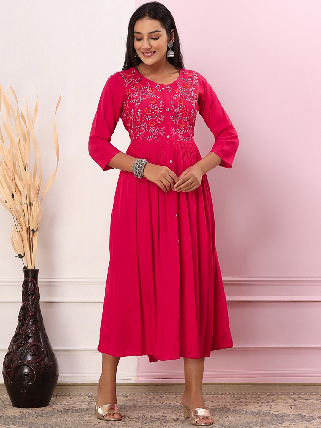 

IkDaiya Floral Embroidered Fit & Flare Ethnic Dress, Pink