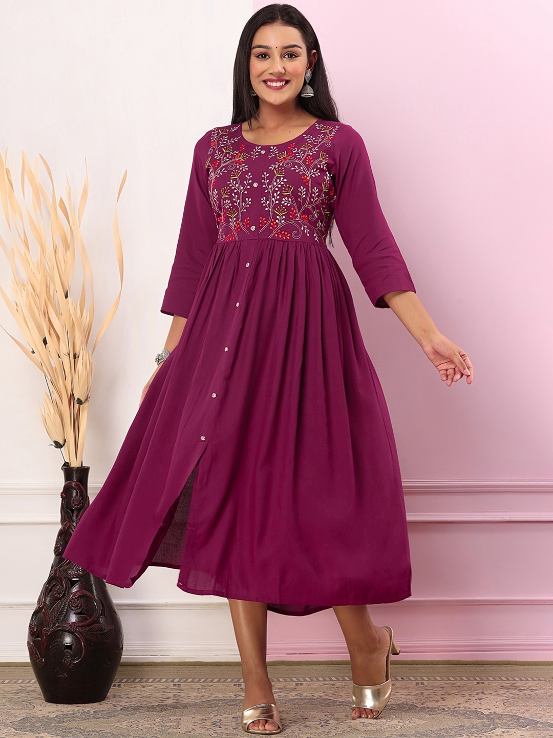

IkDaiya Floral Embroidered Fit & Flare Ethnic Dress, Magenta