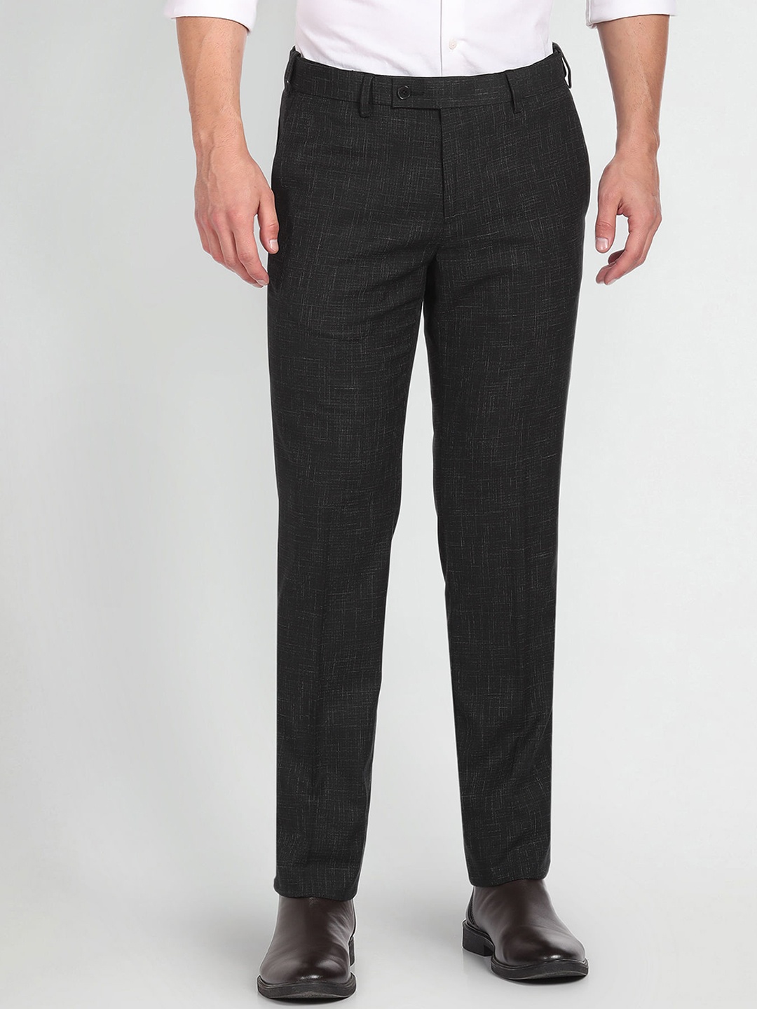 

Arrow Men Checked Mid-Rise Patterned Dobby Formal Trousers, Black