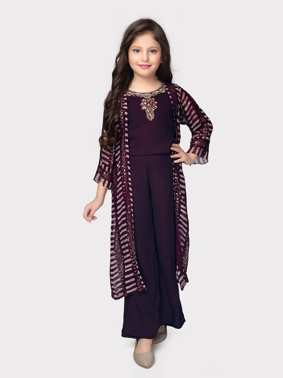 

Tiny Kingdom Girls Embroidered Top & Palazzo With Shrug, Burgundy