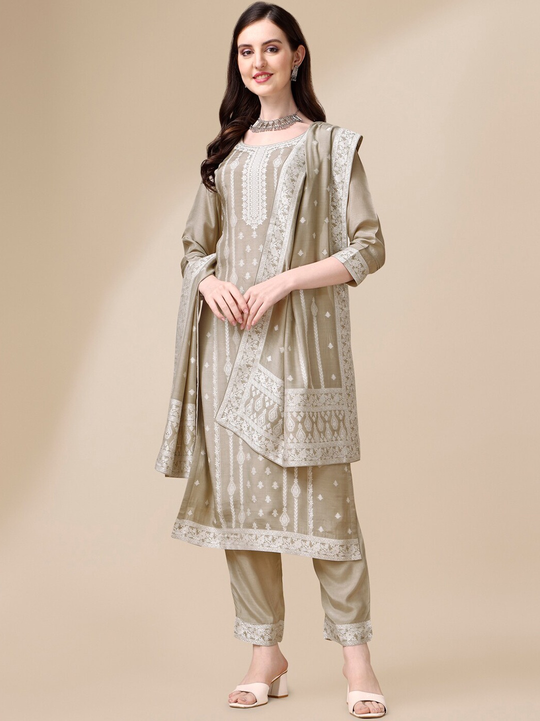 

Seerat Thread=work Cotton Silk Kurta With Trousers And Dupatta, Beige