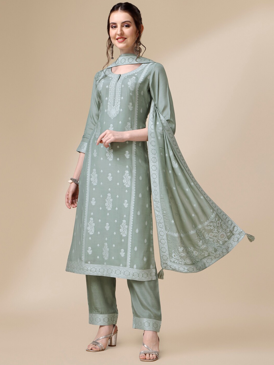 

Seerat Woven Design Tussar Silk Straight Kurta With Trousers And Dupatta, Grey