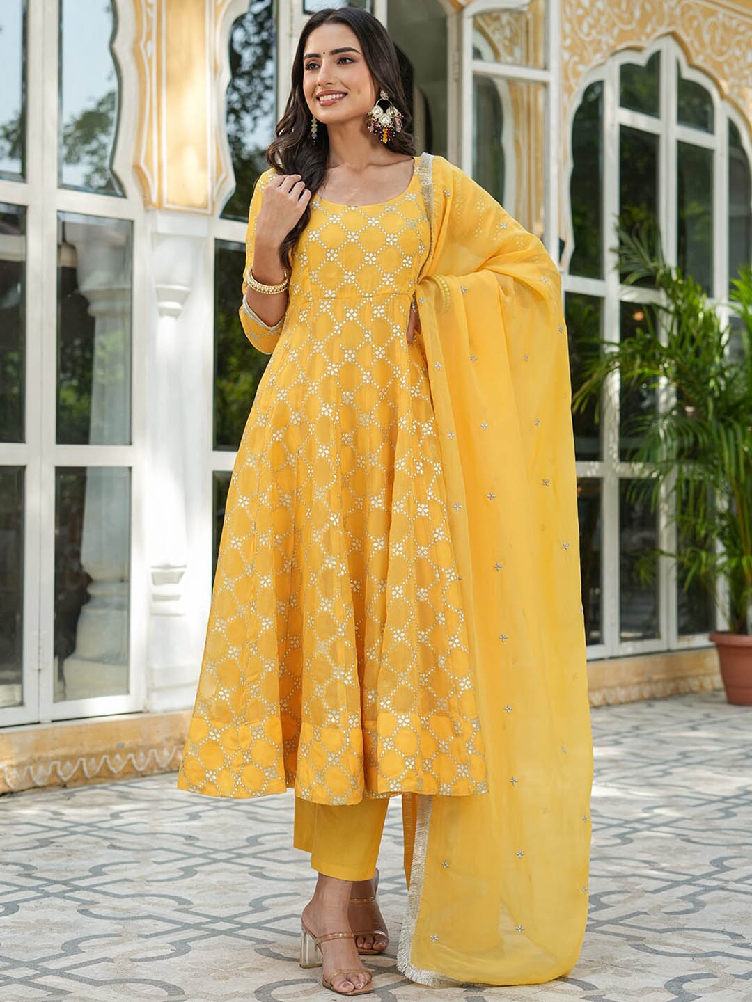 

EverBloom Ethnic Motifs Woven Design Anarkali Kurta & Trousers With Dupatta, Yellow