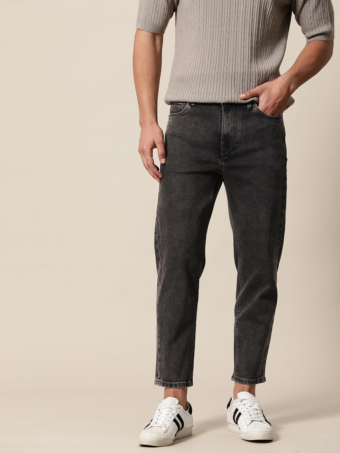 

Mr Bowerbird Men Tapered Cropped Fit Heavy Fade Stretchable Jeans, Charcoal