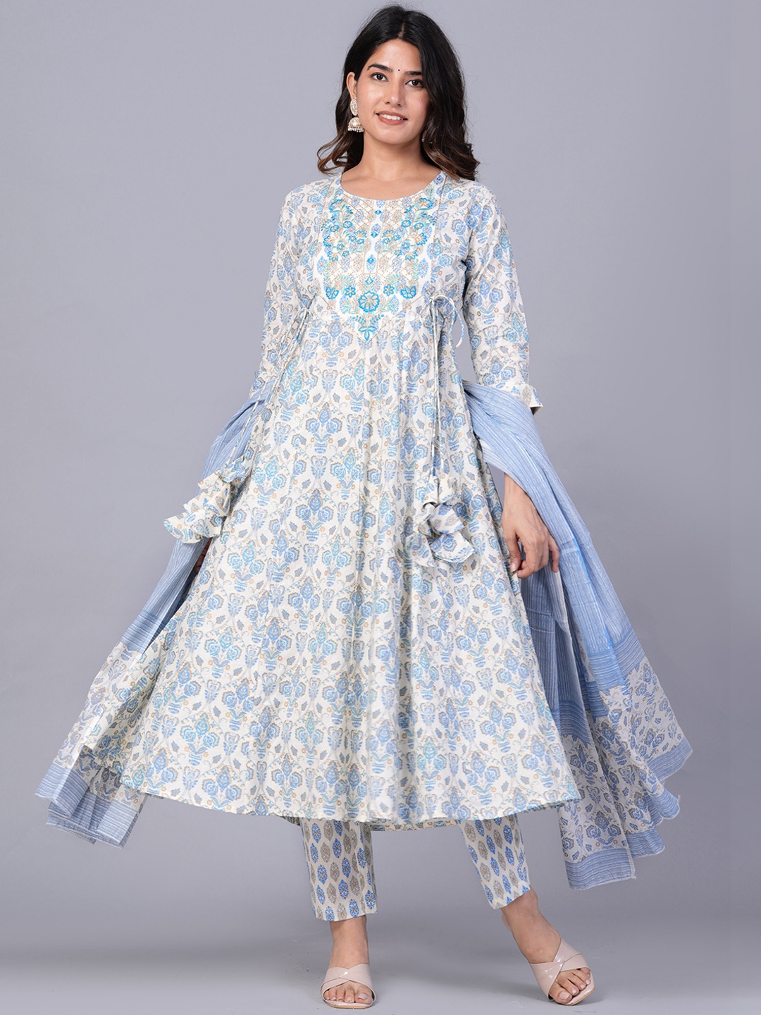 

JAIPURI COLLECTION Ethnic Printed Pure Cotton Anarkali Kurta with Trousers & Dupatta, Blue