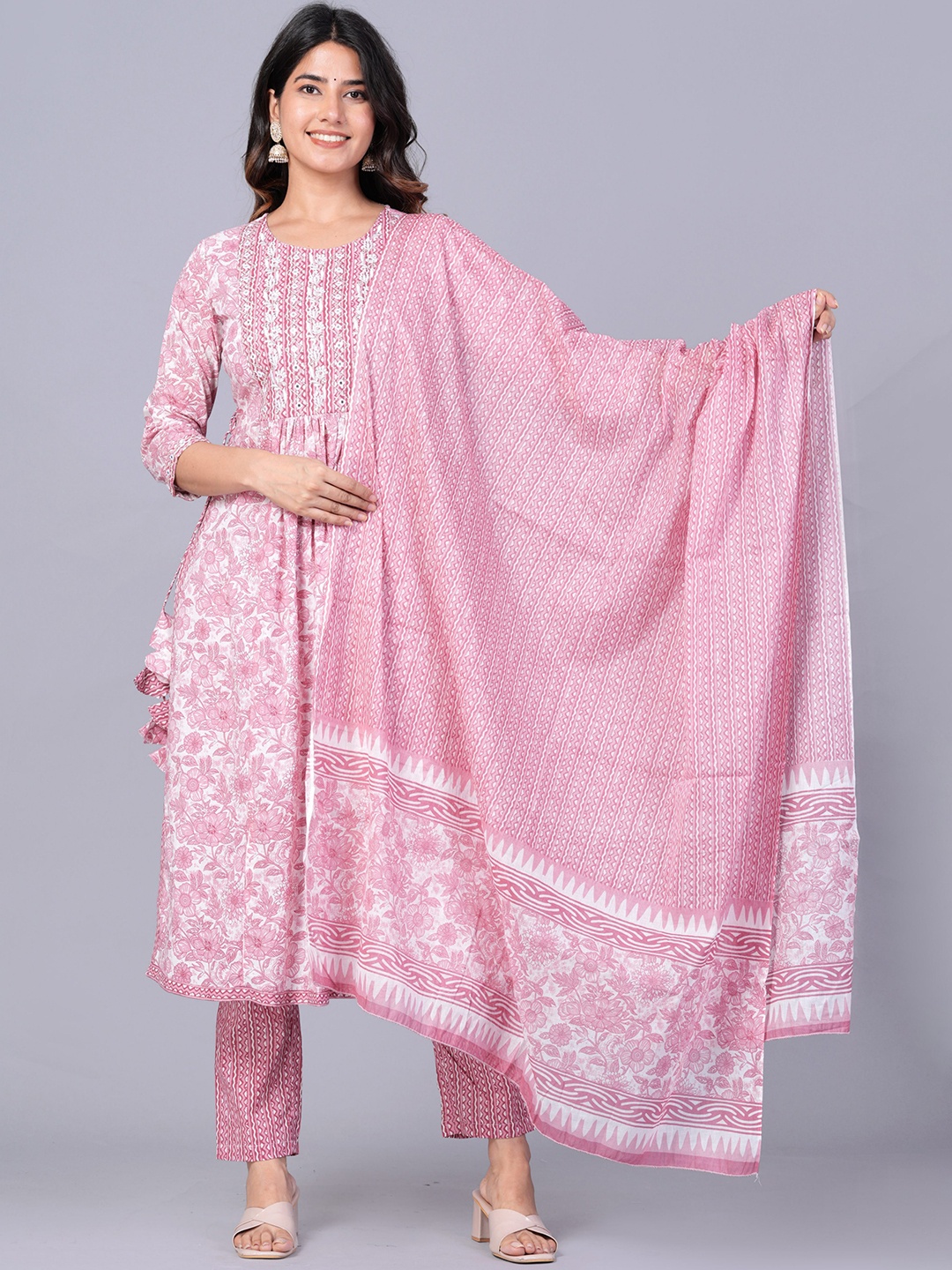 

JAIPURI COLLECTION Printed A-Line Gotta Patti Pure Cotton Kurta with Trousers & Dupatta, White