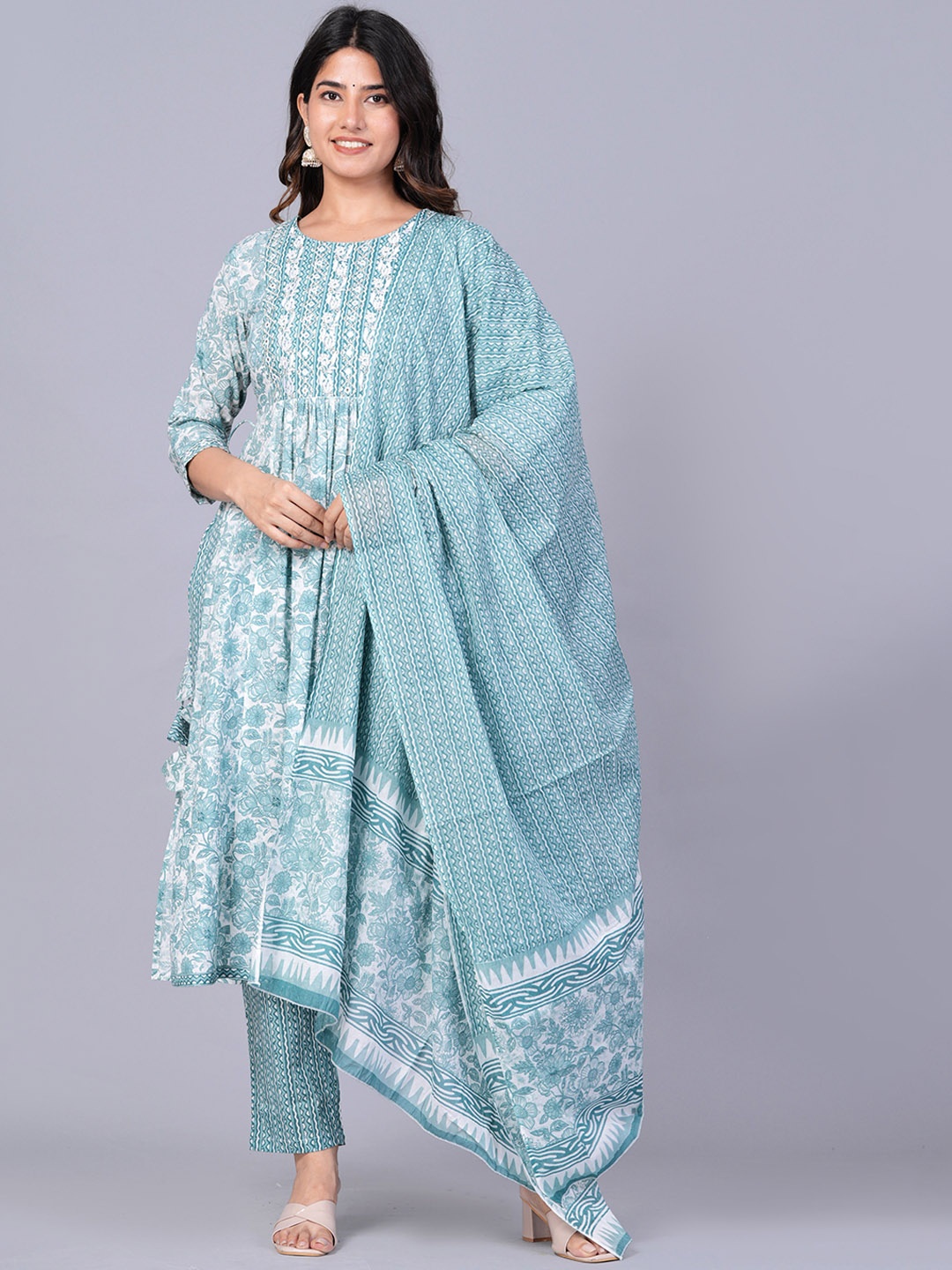 

JAIPURI COLLECTION Floral Printed Mirror Work Pure Cotton Kurta with Trousers & Dupatta, Blue