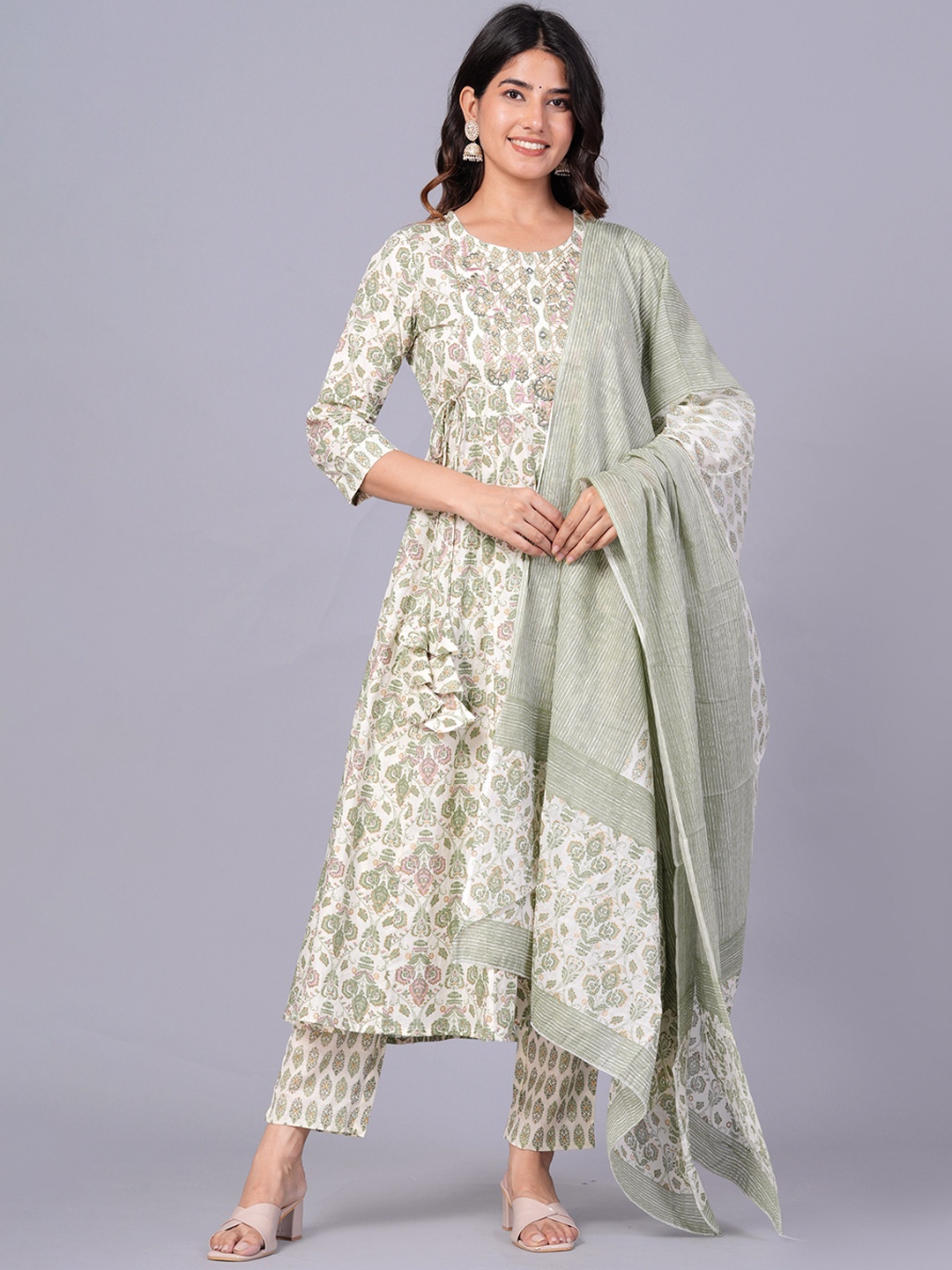 

JAIPURI COLLECTION Printed Thread Work Anarkali Pure Cotton Kurta with Trousers & Dupatta, White