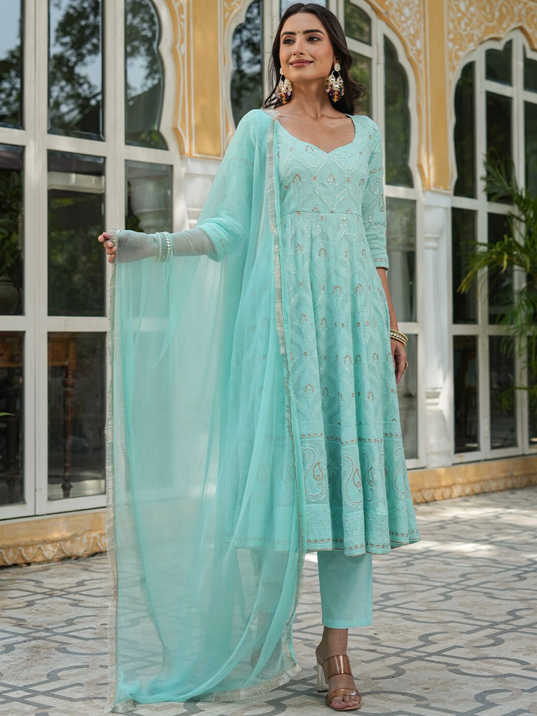 

EverBloom Ethnic Motifs Embroidered Kurta & Trousers With Dupatta, Blue