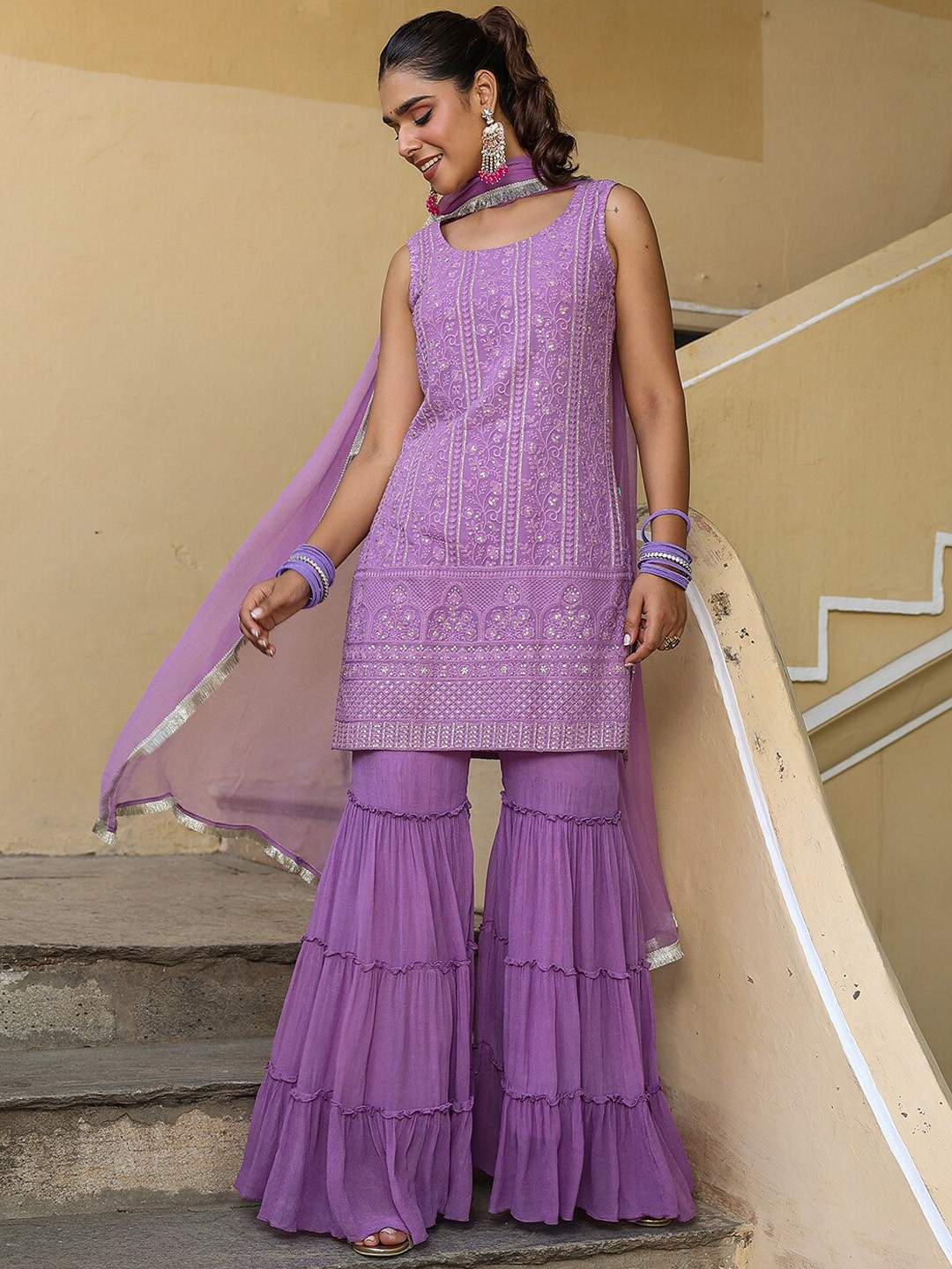 

EverBloom Ethnic Motifs Embroidered Sequinned Kurti with Sharara With Dupatta, Purple