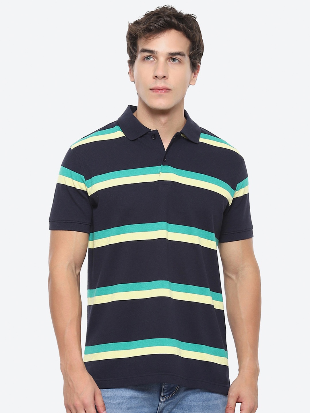 

2Bme Striped Polo Collar Cotton T-shirt, Navy blue