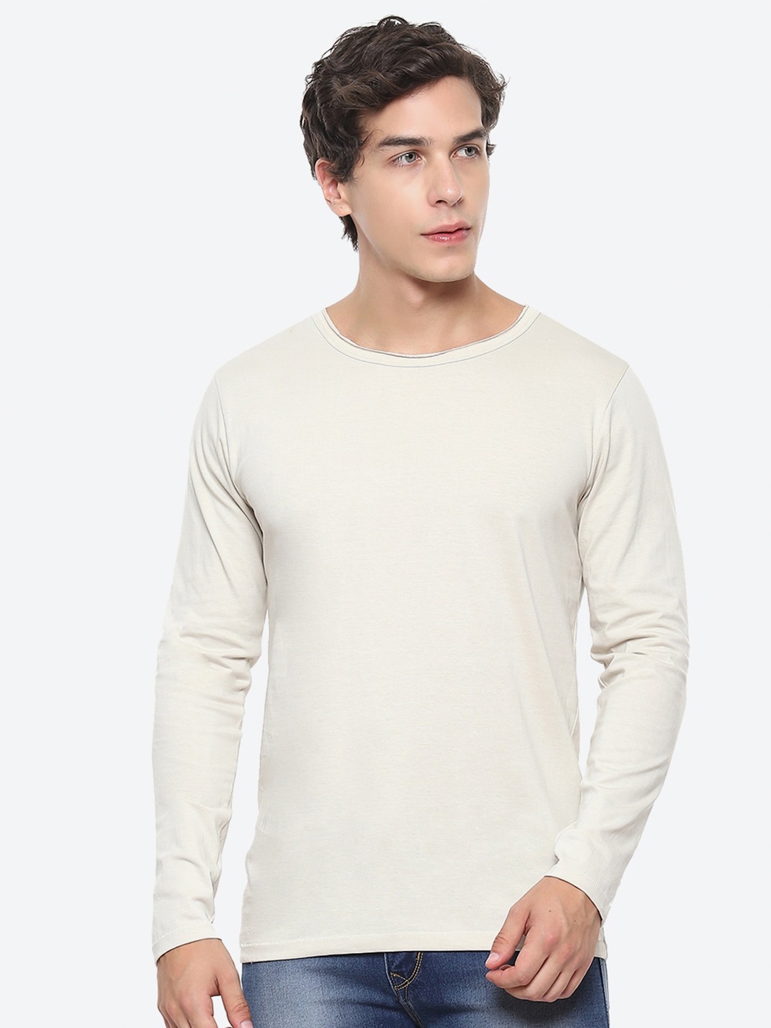 

2Bme Raw Edge Cotton Slim Fit T-shirt, Beige