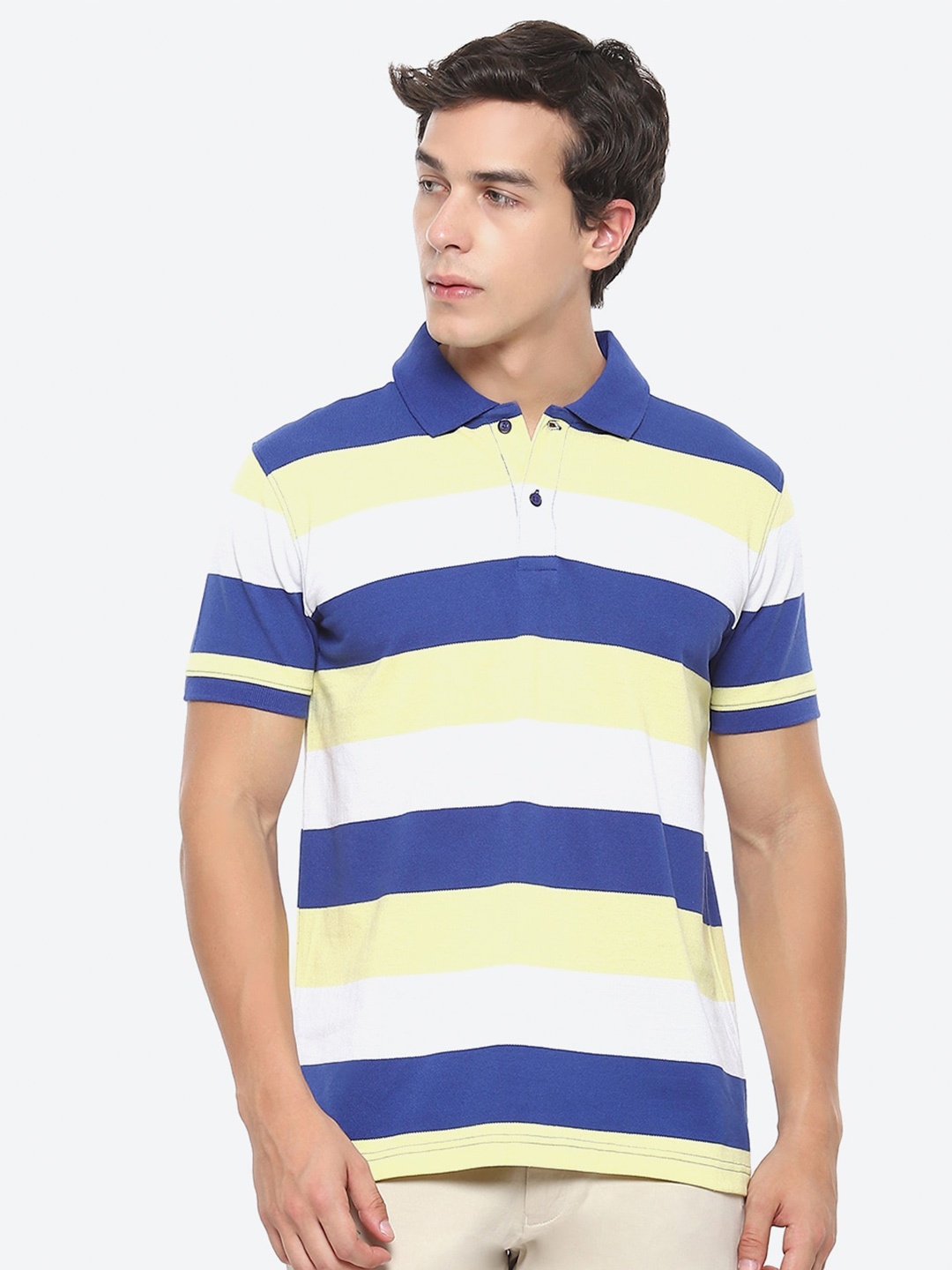 

2Bme Striped Polo Collar Cotton T-shirt, White