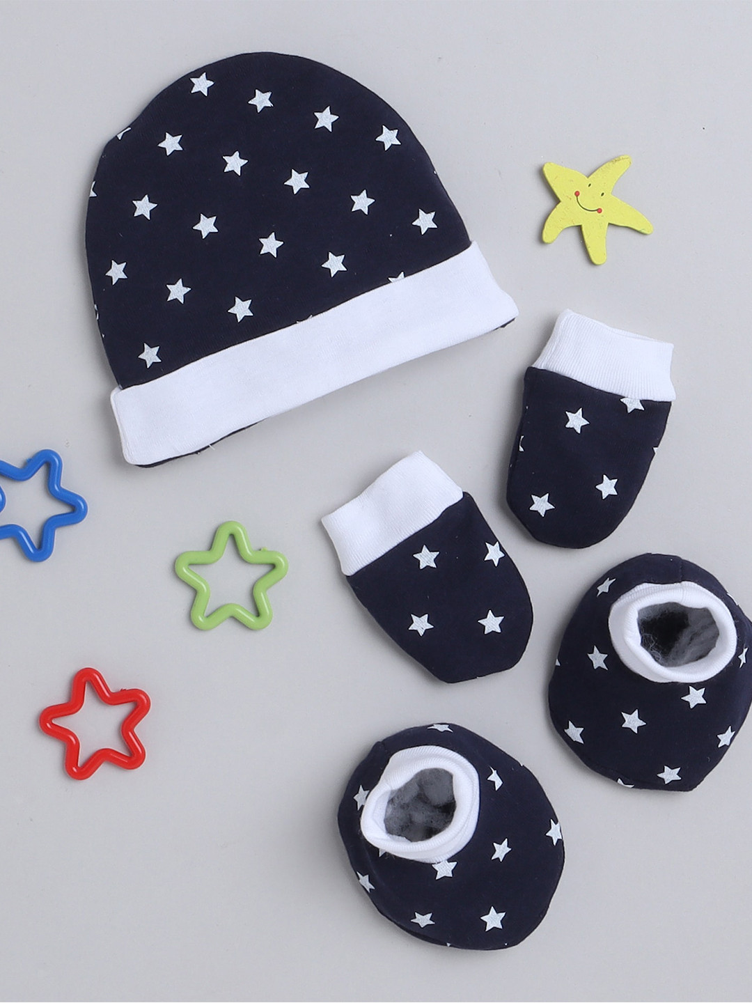 

BUMZEE Boys Printed Beanie With Mitten Bootie Set, Navy blue