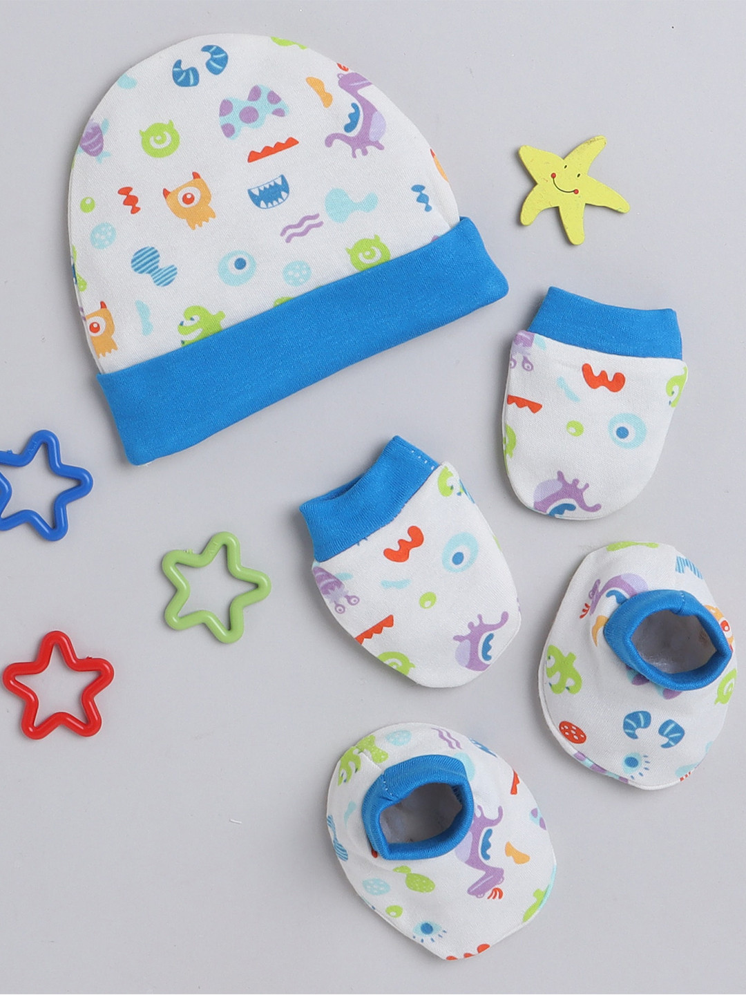 

BUMZEE Boys Printed Beanie With Mitten Bootie Set, White