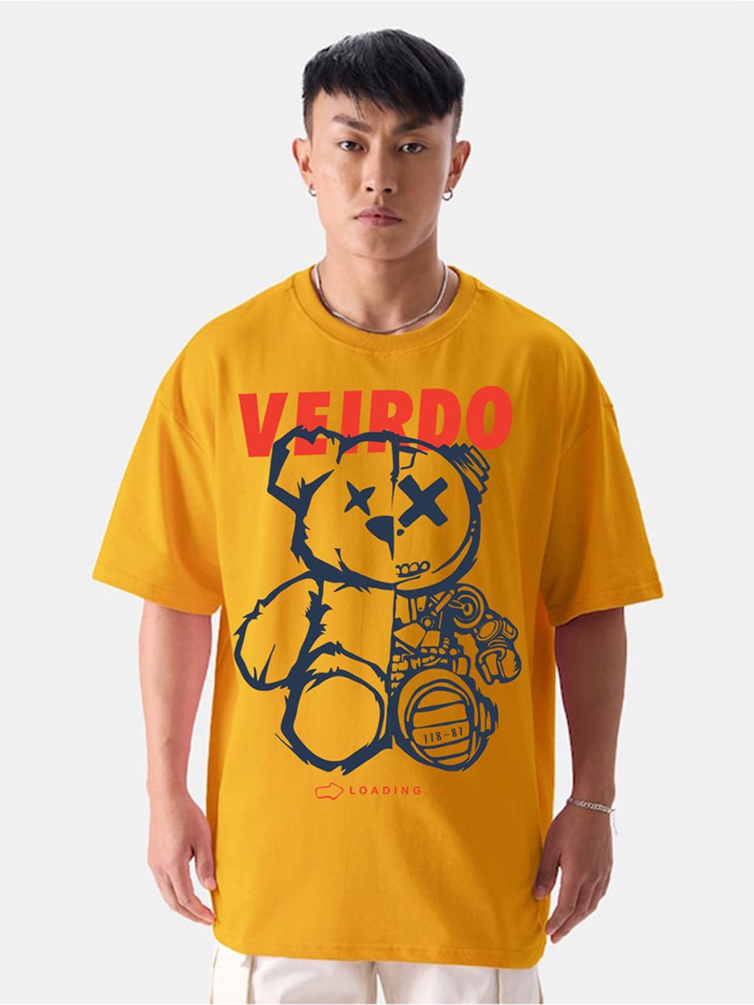 

VEIRDO Mustard Yellow Graphic Printed Drop Shoulder Sleeves Cotton Oversized T-shirt