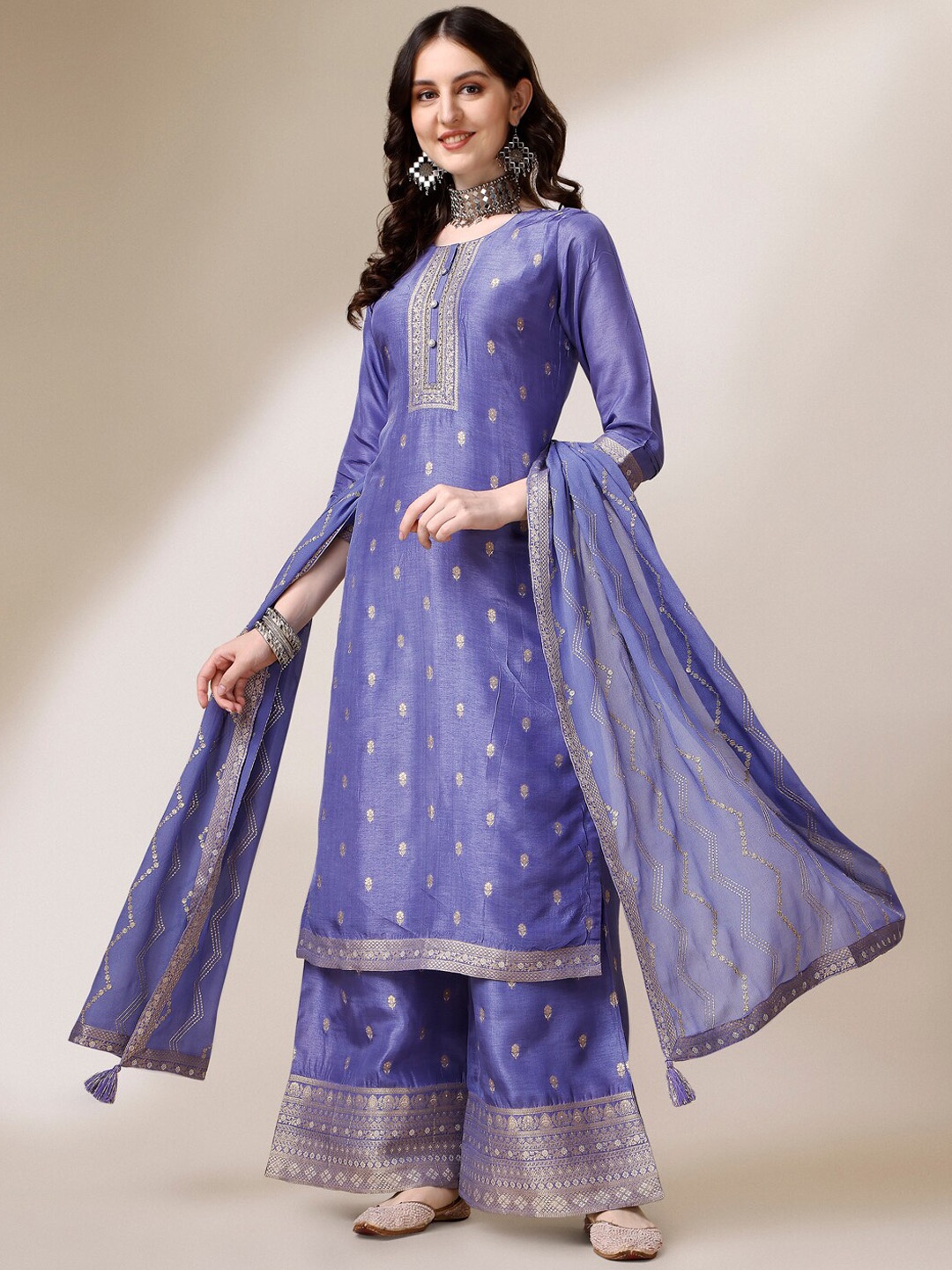 

Seerat Woven Design Sequinned Jacquard Silk Kurta with Palazzos & With Dupatta, Lavender