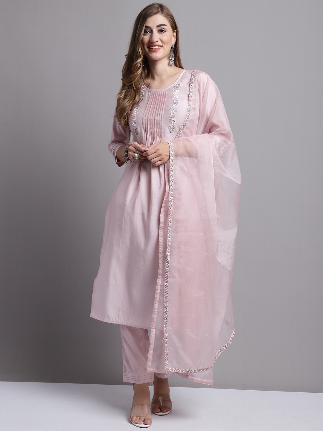 Roly Poly Floral Yoke Design Pleated Thread Work Kurta With Trousers & Dupatta, Pink