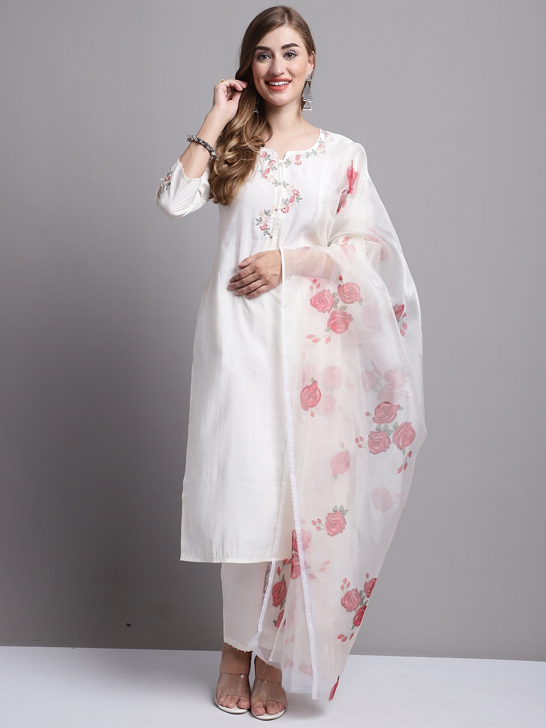Roly Poly Floral Yoke Design Regular Thread Work Kurta With Trousers & Dupatta, White