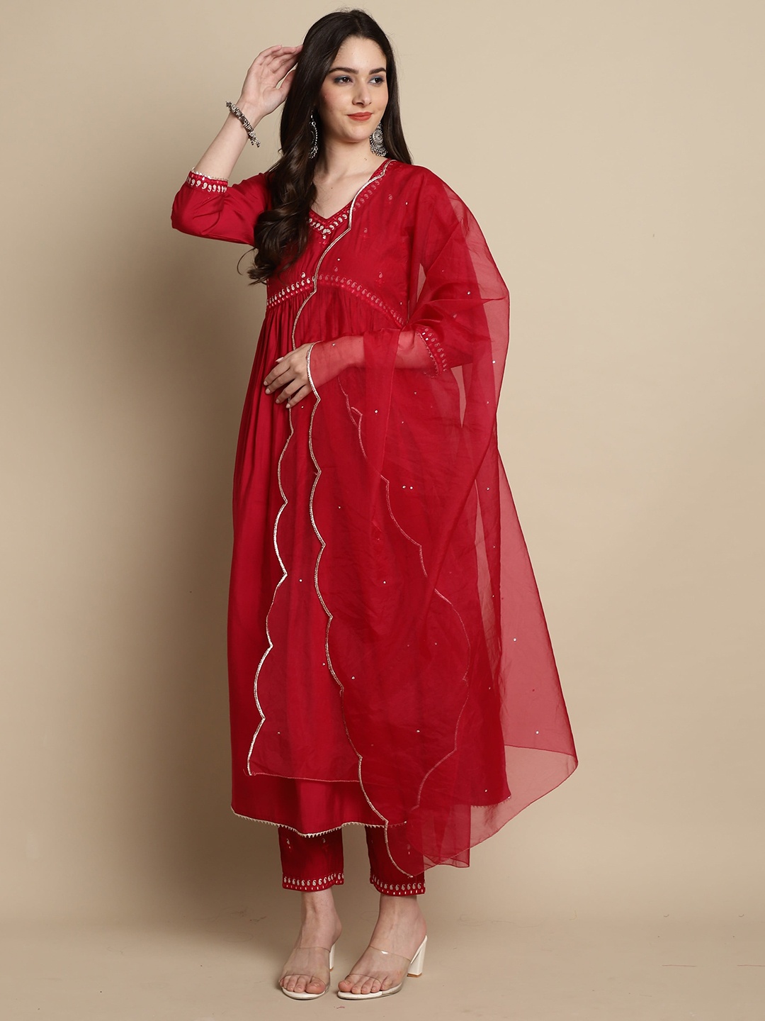 

Roly Poly Paisley Yoke Design Empire Gotta Patti Kurta With Trousers & Dupatta, Red