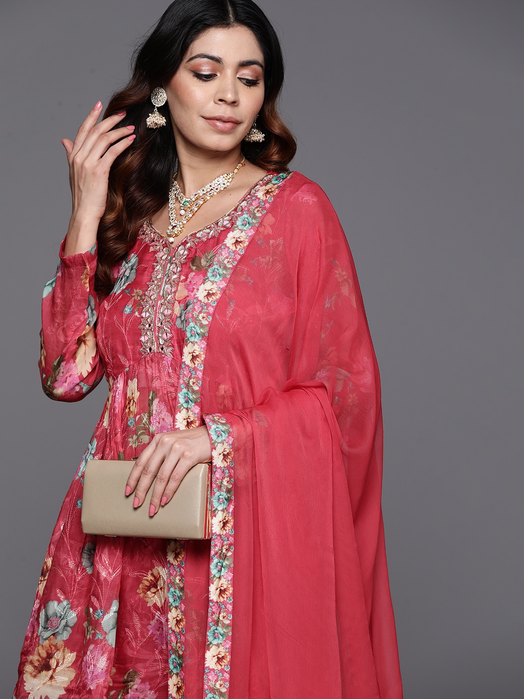 

Libas Floral Printed Pleated Mirror Work Kurti with Sharara & Dupatta, Coral