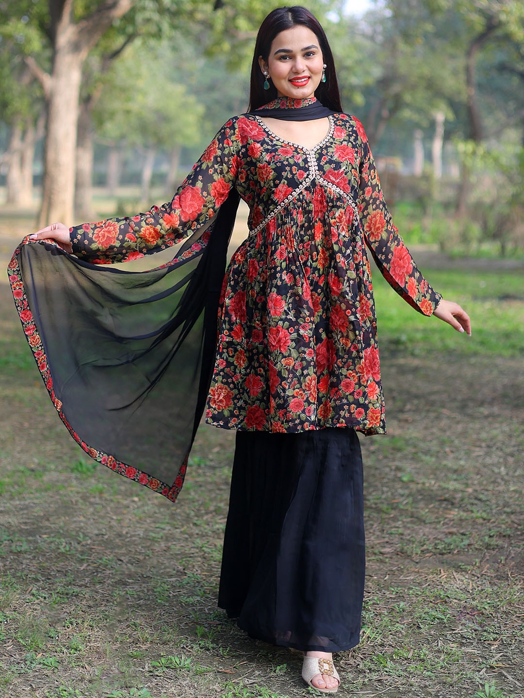 

Libas Women Floral Printed Pleated Beads and Stones Kurta with Sharara & With Dupatta, Black