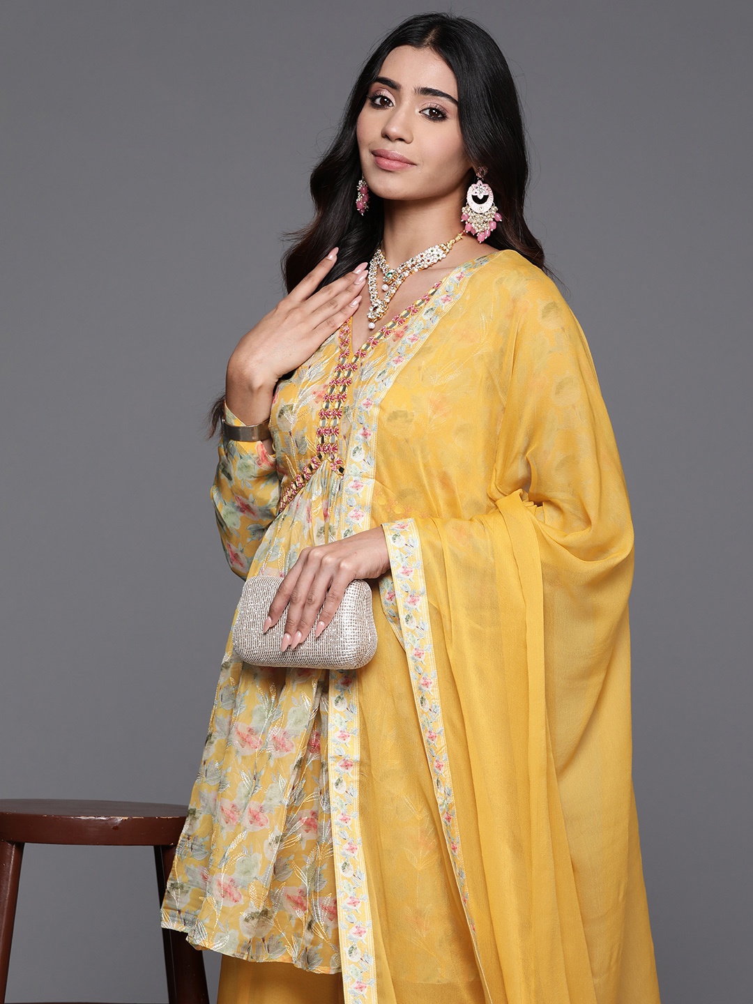 

Libas Women Floral Printed Pleated Mirror Work Kurta with Palazzos & With Dupatta, Yellow