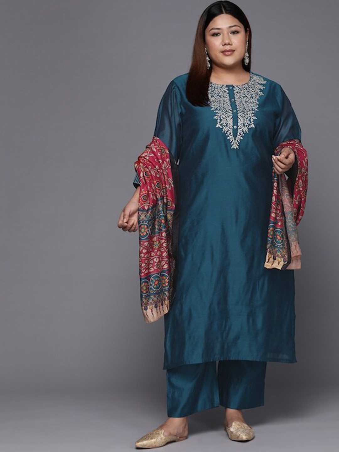 

Sztori Plus Size Ethnic Motifs Yoke Design Chanderi Silk Kurta With Trousers & Dupatta, Blue