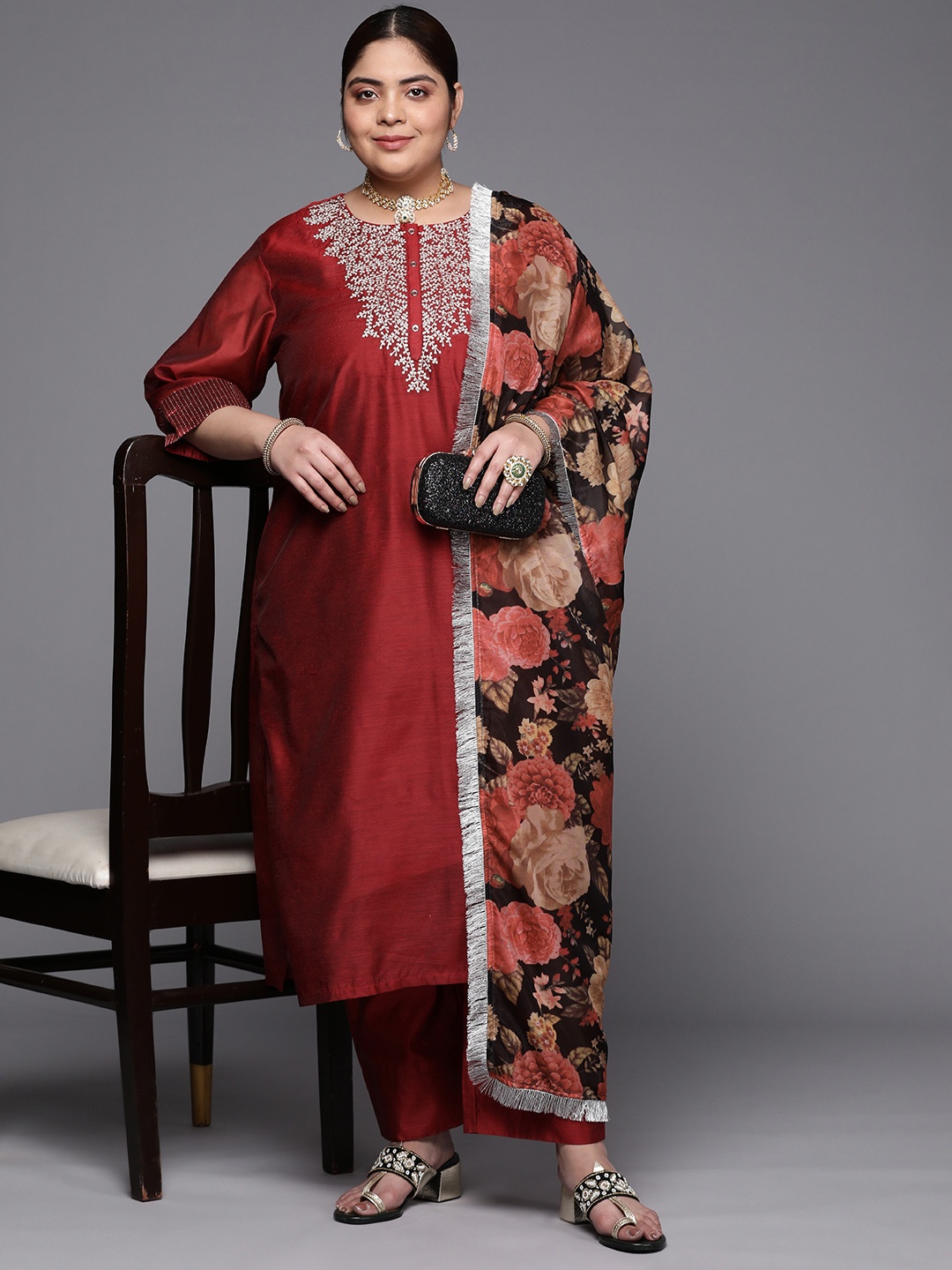

Sztori Plus Size Ethnic Motifs Yoke Design Chanderi Silk Kurta With Trousers & Dupatta, Maroon