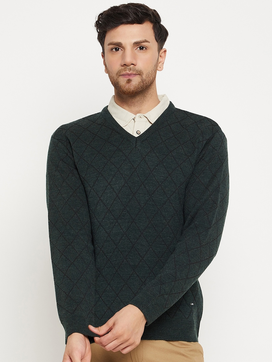 

Duke Checked V-Neck Acrylic Pullover, Green