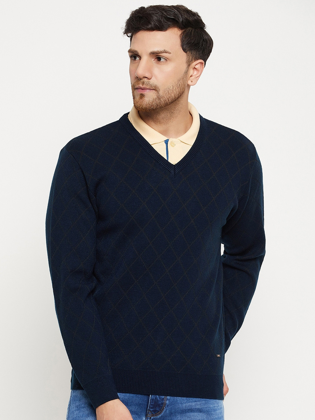 

Duke Checked V-Neck Acrylic Pullover, Blue