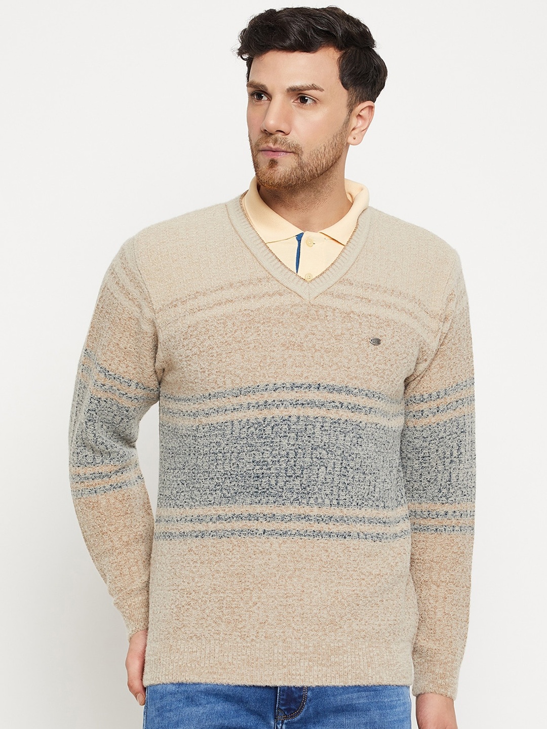 

Duke Striped V-Neck Acrylic Pullover, Beige