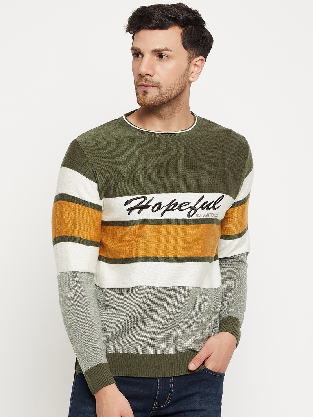 

Duke Colourblocked Long Sleeves Acrylic Pullover Sweater, Green