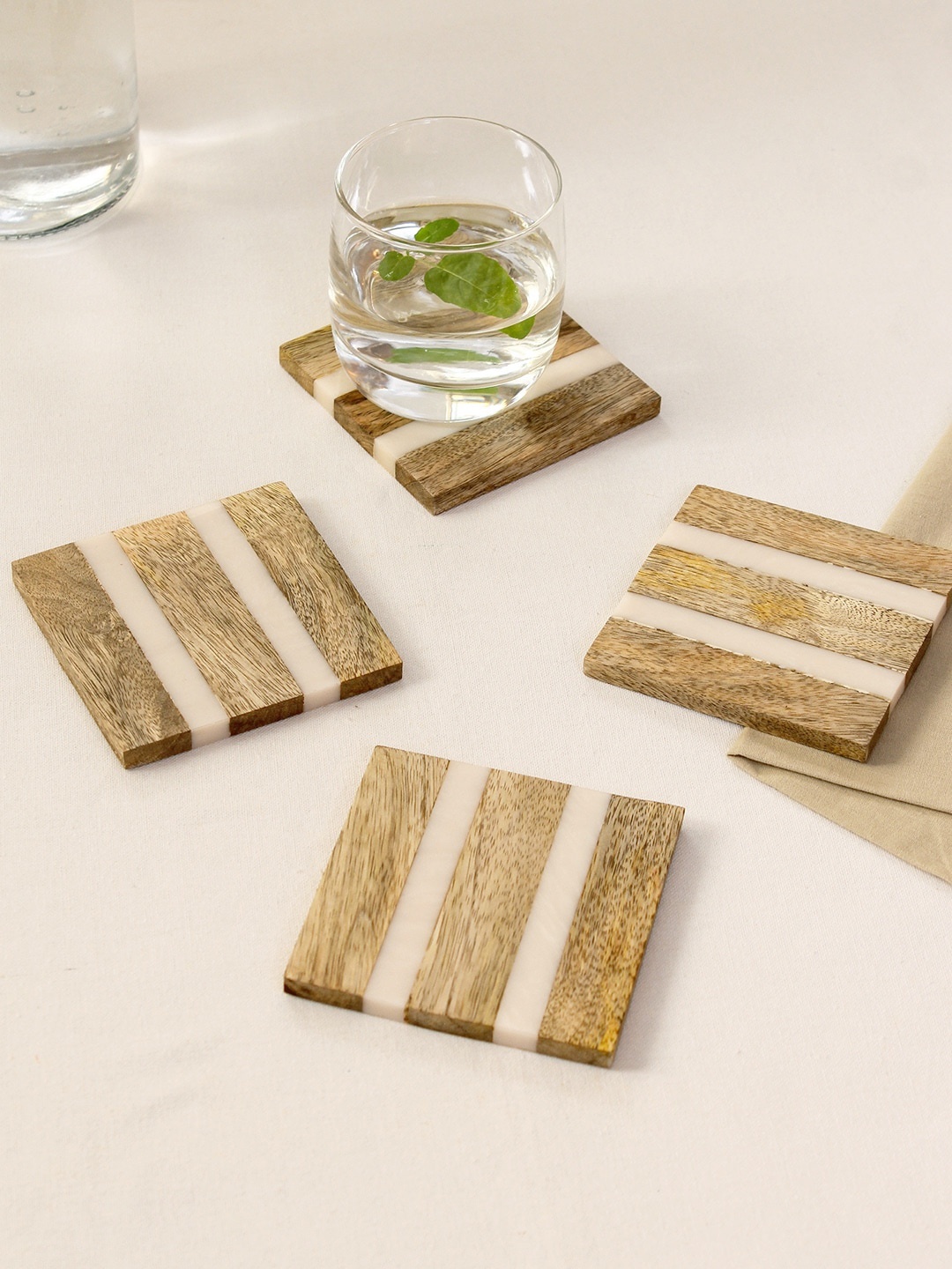 

House This Kavvayi 4 Pcs Beige Striped Square Wooden Coasters