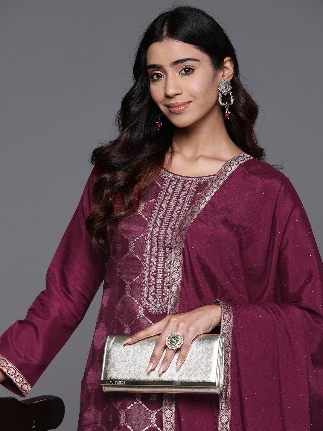 

Libas Women Regular Kurta with Trousers & With Dupatta, Burgundy