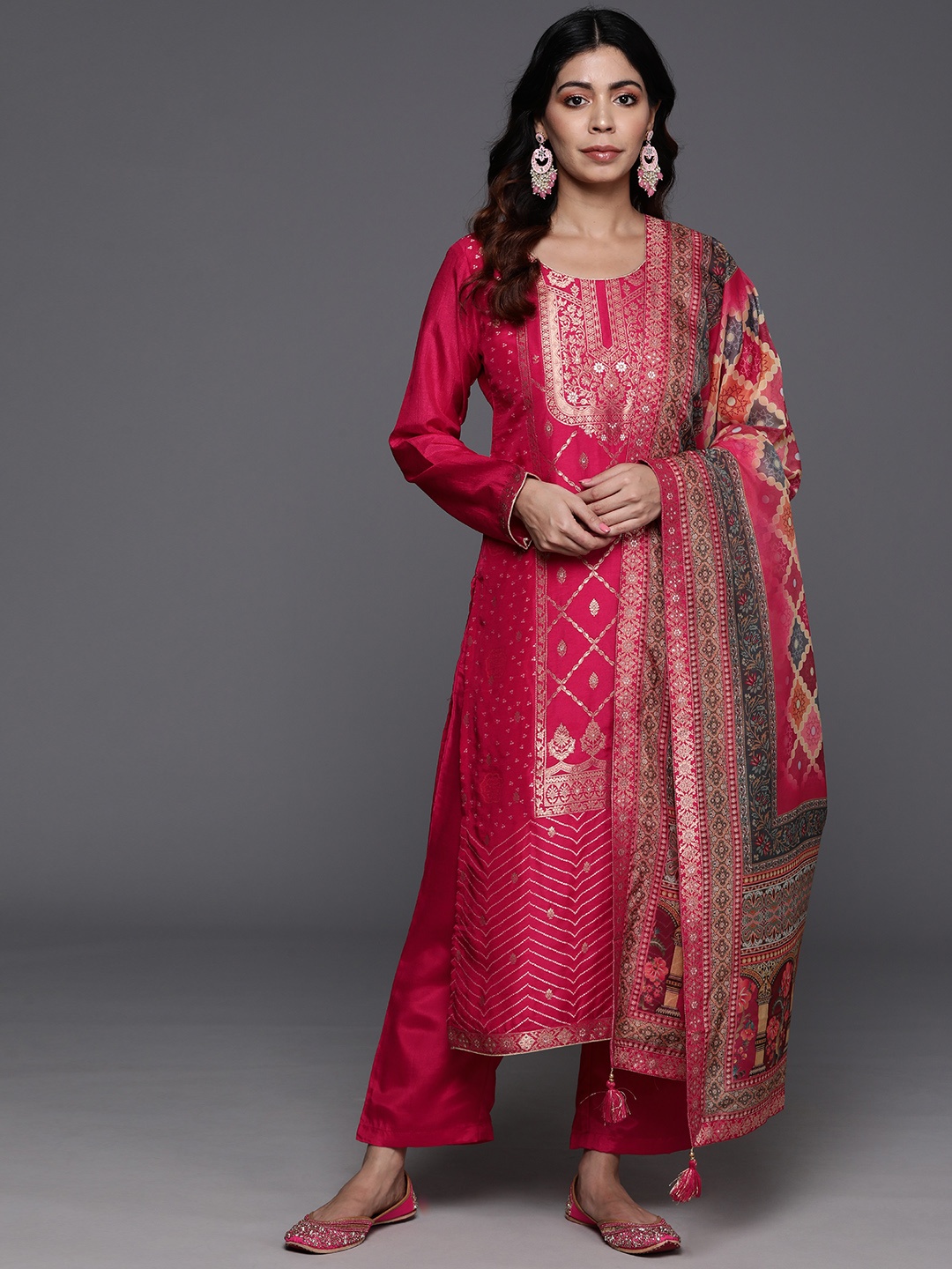 

Libas Women Pink Ethnic Motifs Regular Kurta with Trousers & With Dupatta
