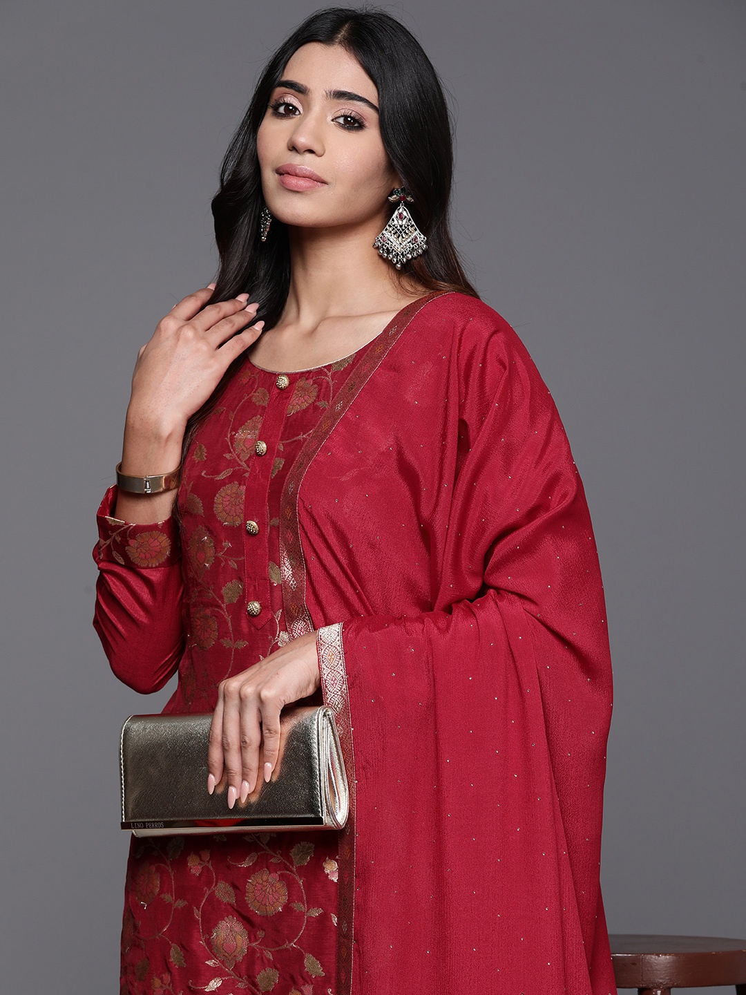 

Libas Floral Woven Design Brocade Zari Kurta with Trousers & Dupatta, Red