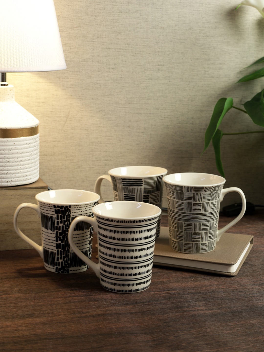 

House Of Accessories Black & White 4 Pcs Geometric Printed Bone China Mugs-360 ML Each