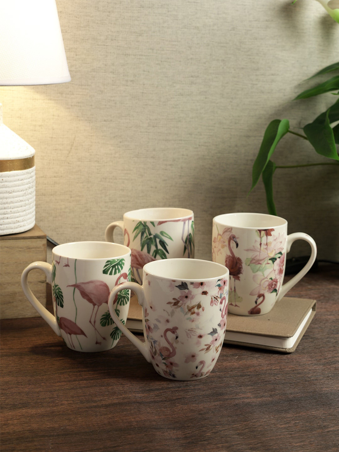 

House Of Accessories Green & White 4 Pieces Floral Printed Bone China Glossy Mugs 360 ml