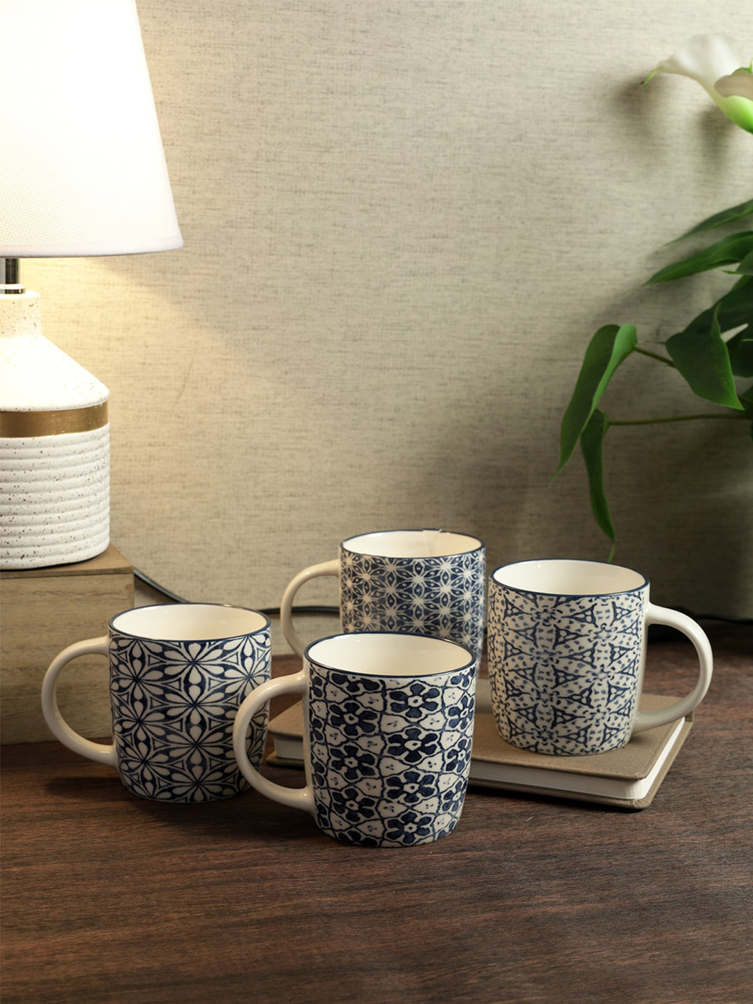 

House Of Accessories Blue & White 4 Pieces Ethnic Printed Bone China Glossy Mugs 360 ml