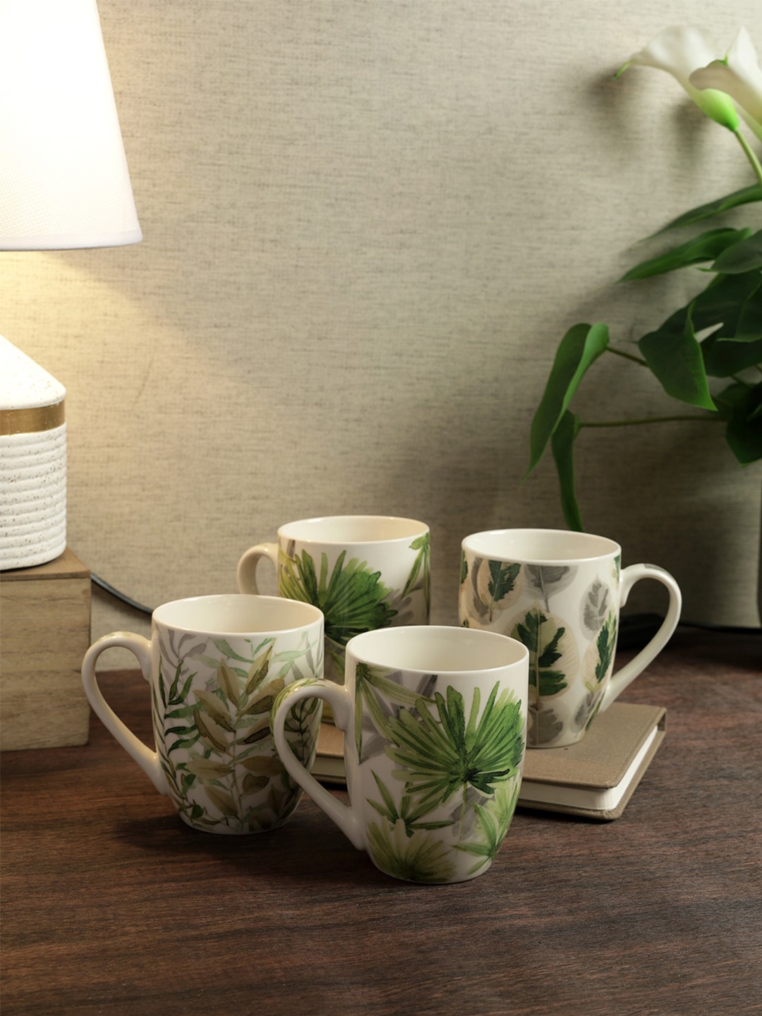 

House Of Accessories Green & White 4 Pieces Floral Printed Bone China Glossy Mugs 360 ml