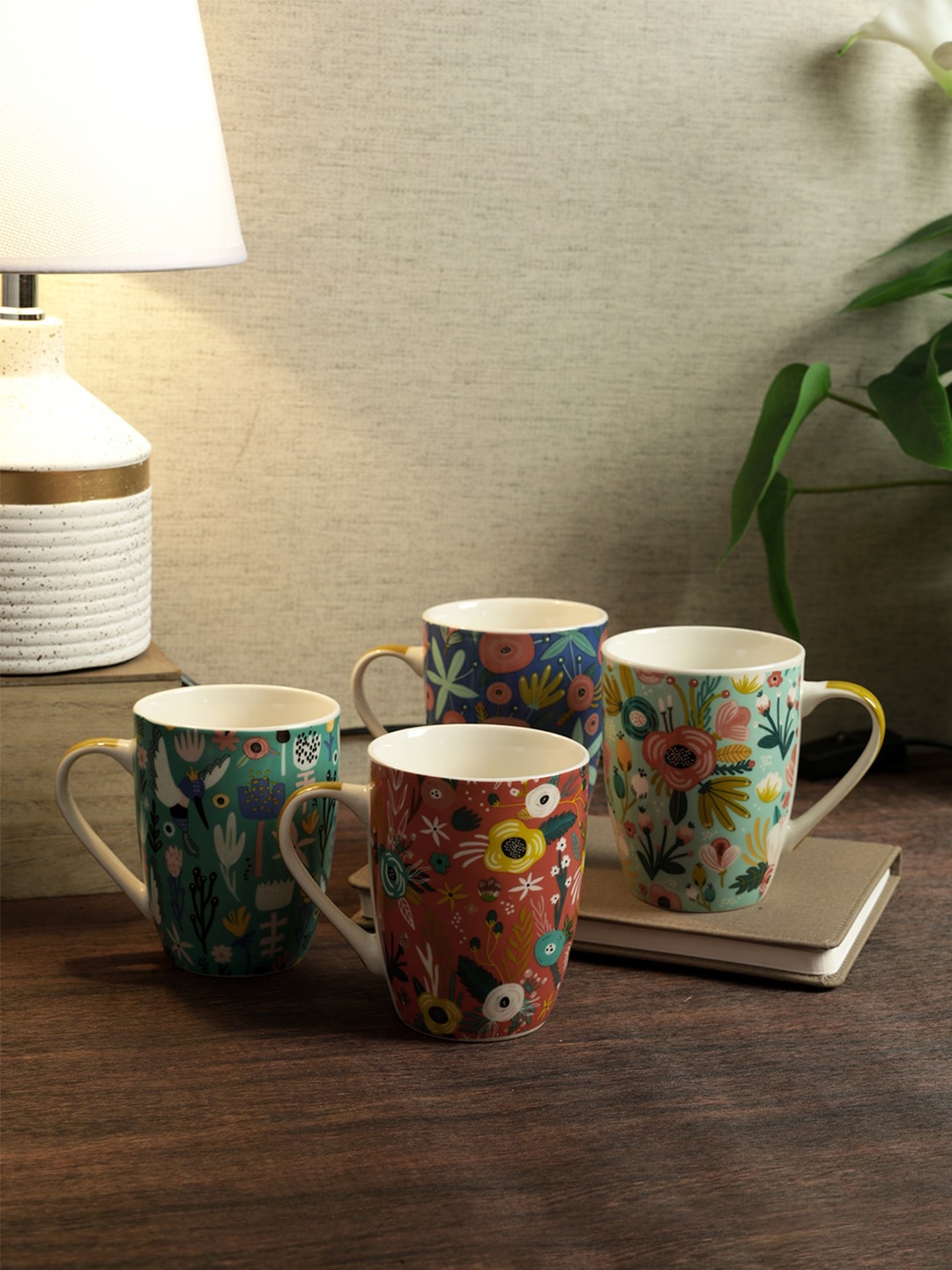 

House Of Accessories White & Orange 4 Pieces Printed Bone China Glossy Mugs 360 ml
